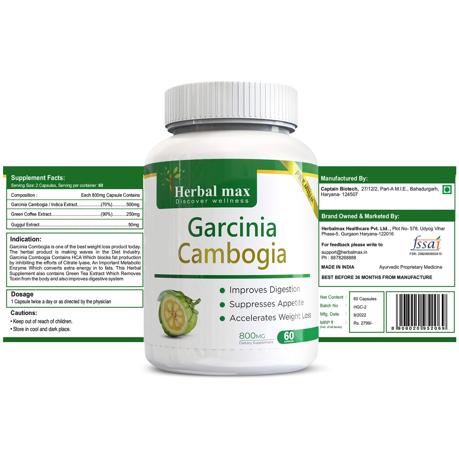 Buy Herbal max Garcinia Cambogia Capsule with 70% HCA, Green Tea ...