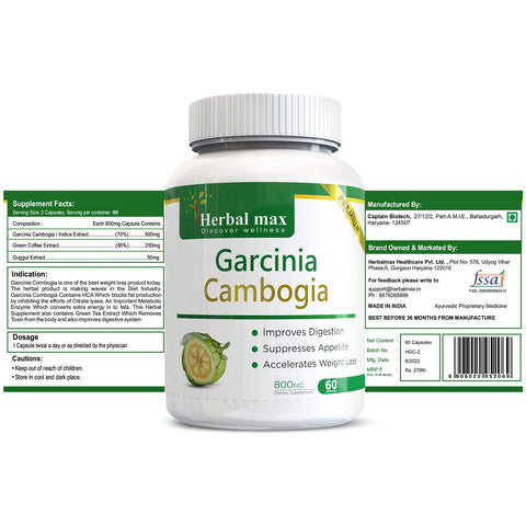 Herbal max Garcinia Cambogia Capsule with 70% HCA, Green Tea Extract, and Gugull Extract for Weight Management - 60 Capsule (Pack of 1)