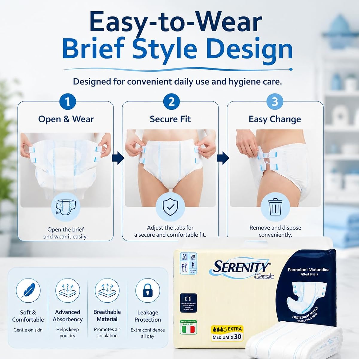Serenity Adult Incontinence Briefs - Extra Absorbency, Medium Size, 30 Count - Image 5