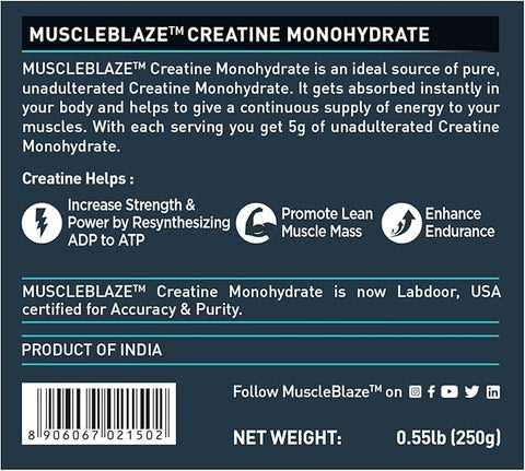 كرياتين أحادي الهيدرات من MuscleBlaze (بدون نكهة، 0.55 رطل / 250 جم) 50 حصة