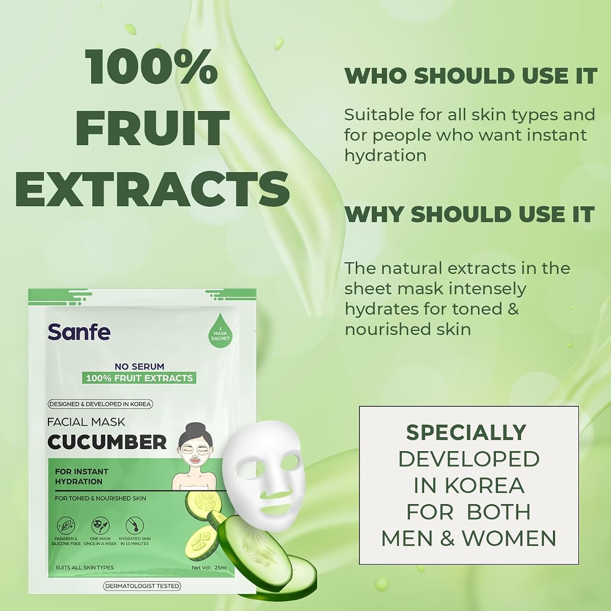 Sanfe Cucumber Facial Mask - Instant Hydration, 25gm - Korean Sheet Mask - Image 3