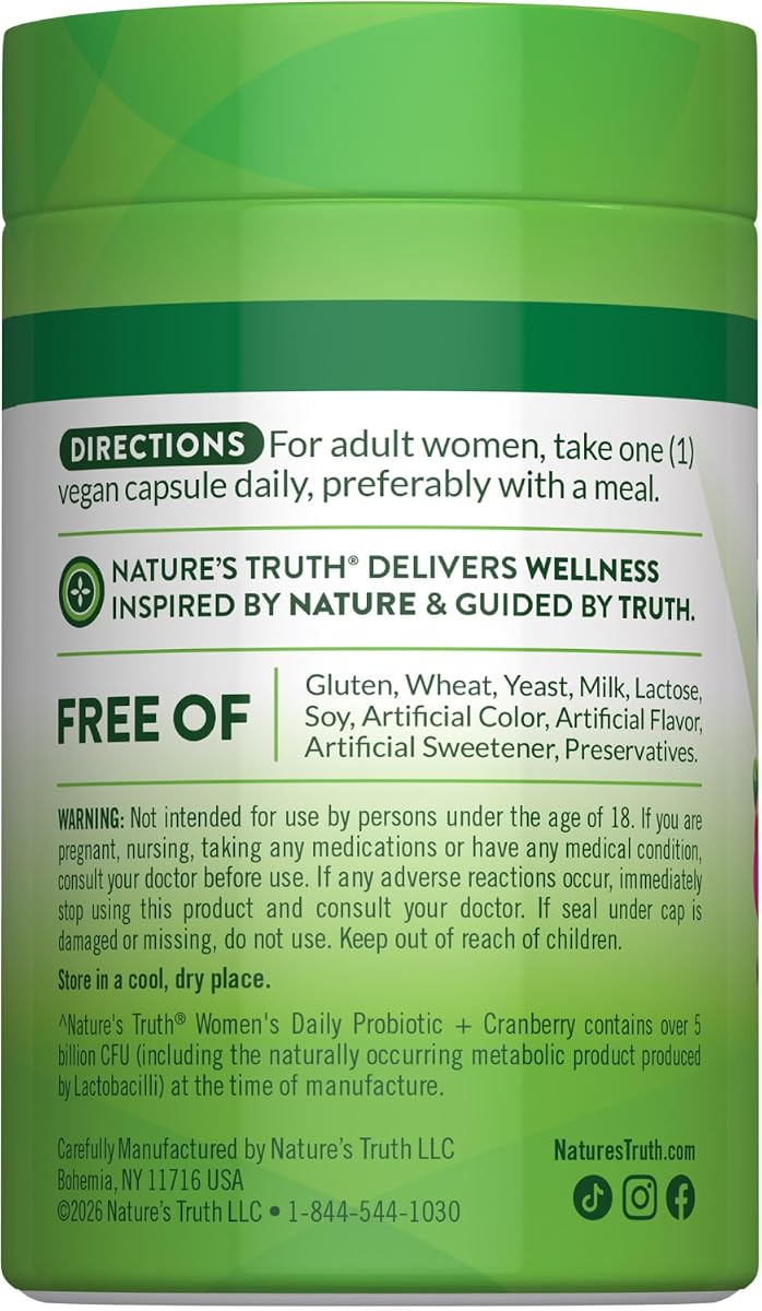 Nature's Truth Women's Probiotics with Cranberry - 40 Vegetarian Capsules, 5 Billion CFUs - Image 7
