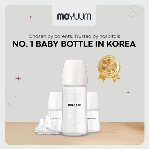 Moyuum PPSU Glass Feeding Baby Bottle with Nipple 150ml (0-3 months) - Anti Colic, BPA Free & Easy Clean Wide-Neck Non-Tip Stable Base - Natural Plain Edition