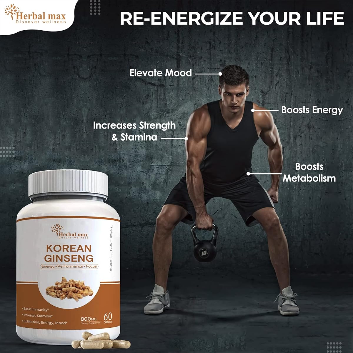 Herbal Max Korean Ginseng Supplement - 800mg - 60 Veg Capsules - Image 3