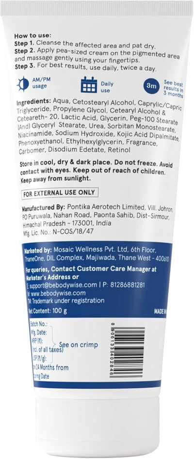 Be Bodywise Pigmentation Cream with Lactic Acid, Retinol & Kojic Acid - 100g - Image 8