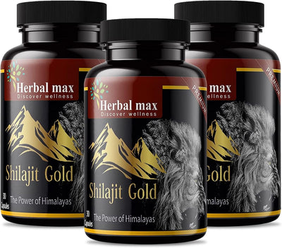 Herbal Max Herbal & Ayurvedic Shilajit Gold Extract Capsules - 800mg, 30 Count, Pack of 3