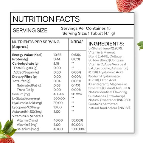 Oziva Bioactive Glutathione Tablets For Radiant Skin - 15 Effervescent Tablets | L-Glutathione, Lycopene, Vitamin C For Skin Glow & Anti-Pigmentation | Strawberry Swirl