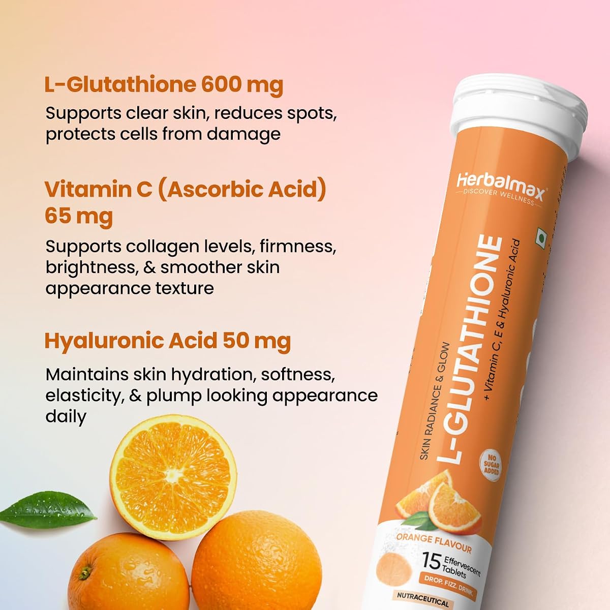 Herbal Max Beauty Effervescent Tablets - Glutathione with Vitamin C, Hyaluronic Acid & Biotin, 15 Count, Orange Flavour - Image 3