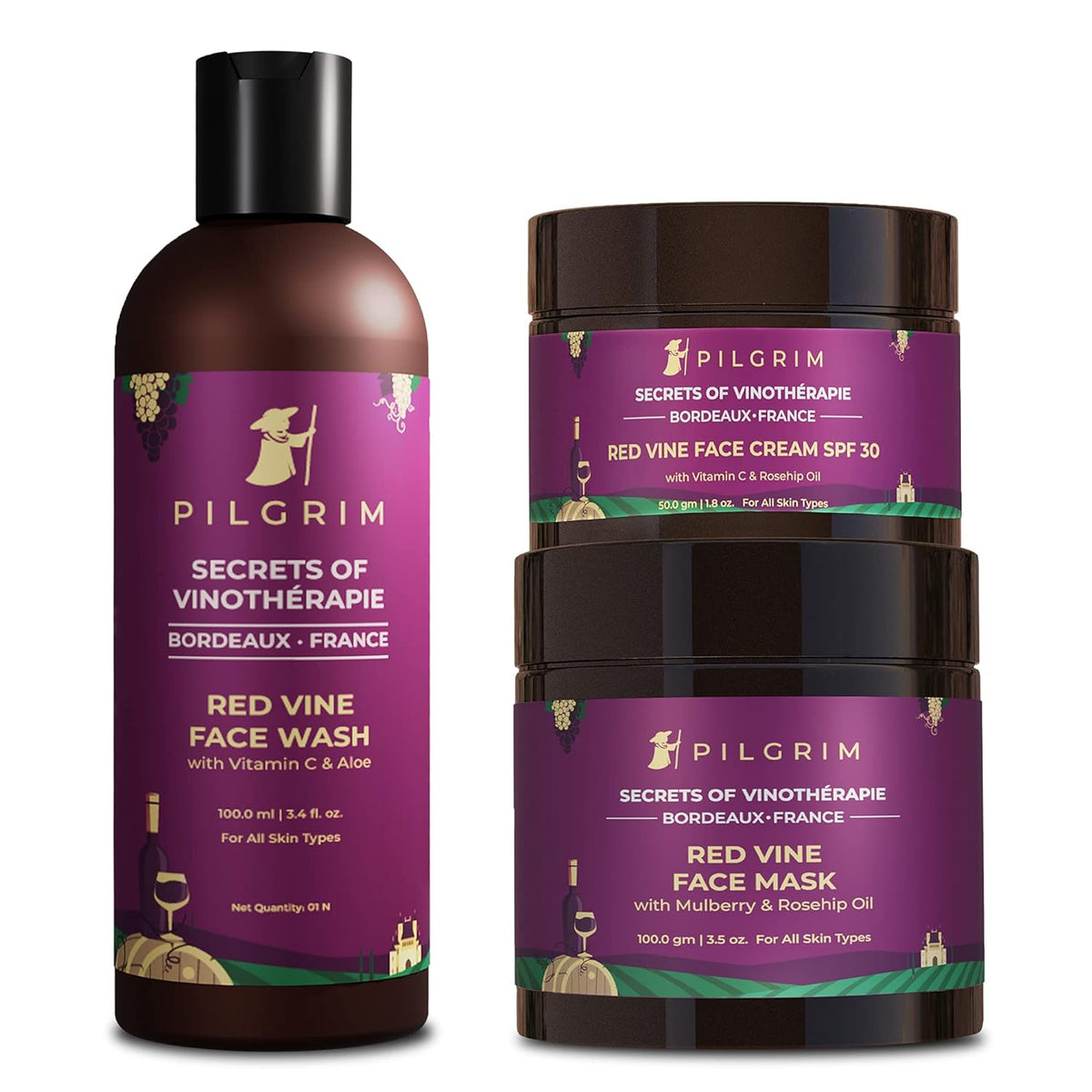 Pilgrim Red Vine Skin Brightening & Firming Kit | Pore Clearing Face Mask 100g, Cleansing Face Wash 100ml, Brightening Face Cream SPF 30 50g