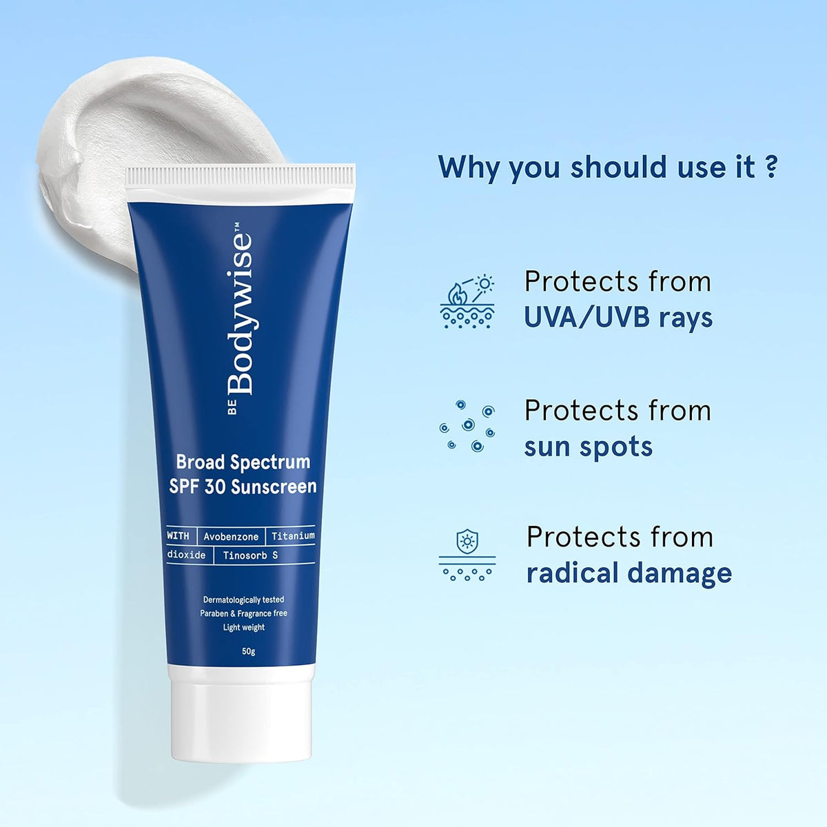 Be Bodywise Sunscreen Cream SPF 30 - Ultra Lightweight, Broad Spectrum, 50 ml - Image 2