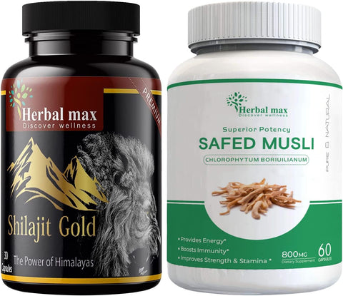 Herbal Max High Potency Shilajit Gold, 800 Mg & Safed Musli, 800 Mg Made With Organic Herbs Support Stamina, And Increased Vigor And Vitality, 90 Capsule Combo