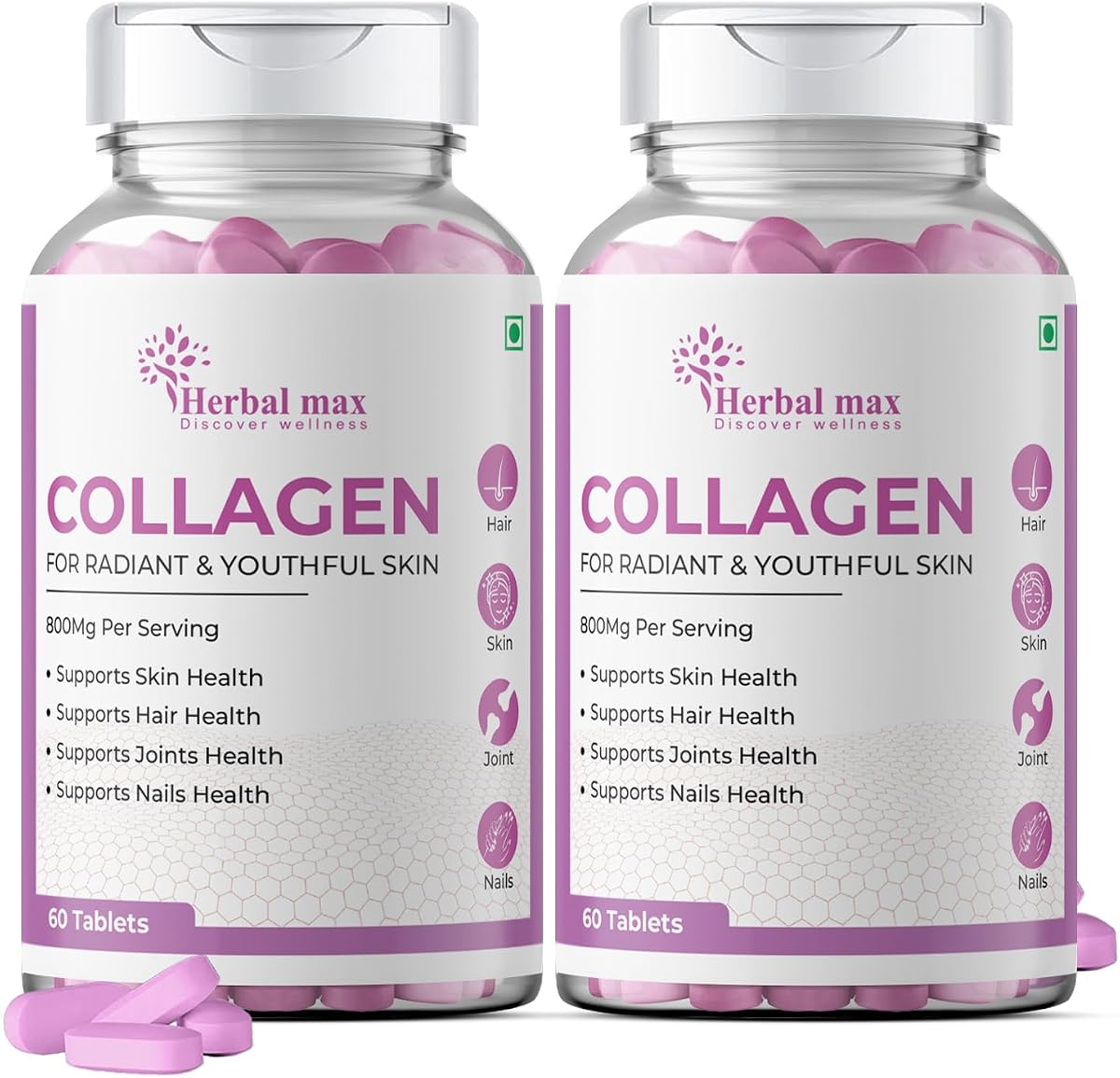 Herbal Max Collagen 800mg Tablets - Beauty and Joint Health Supplement, 60 Count