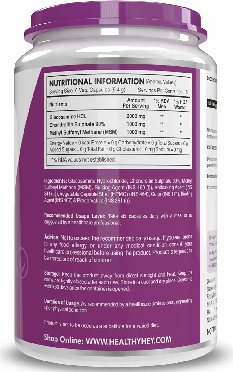 HealthyHey Double Strength Glucosamine, Chondroitin & MSM Capsules - 2000 mg, 90 Count - Image 3