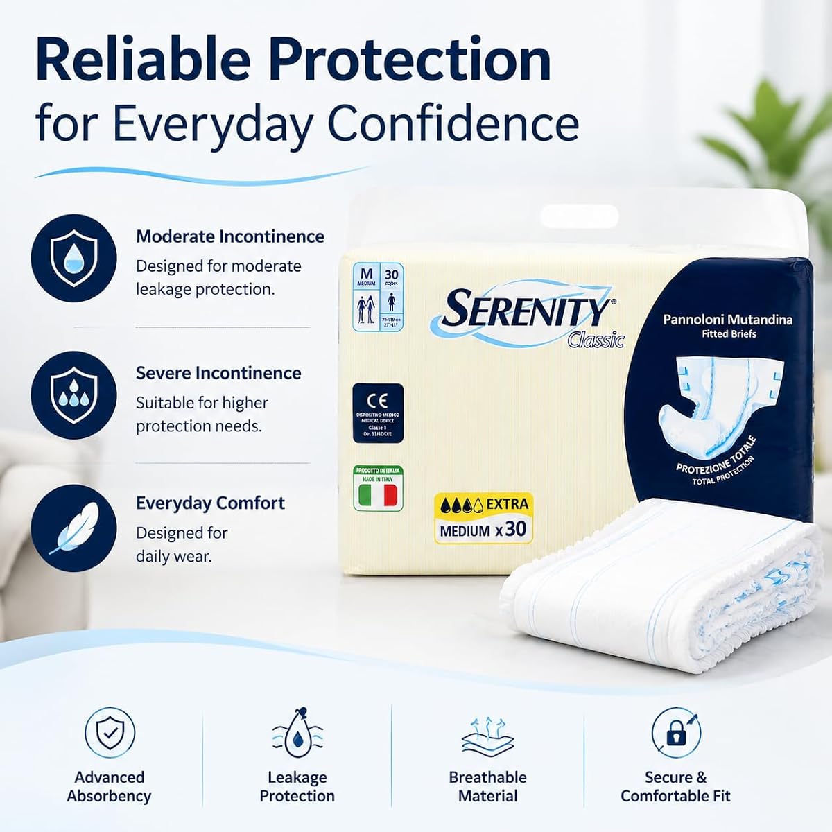 Serenity Adult Incontinence Briefs - Extra Absorbency, Medium Size, 30 Count - Image 3