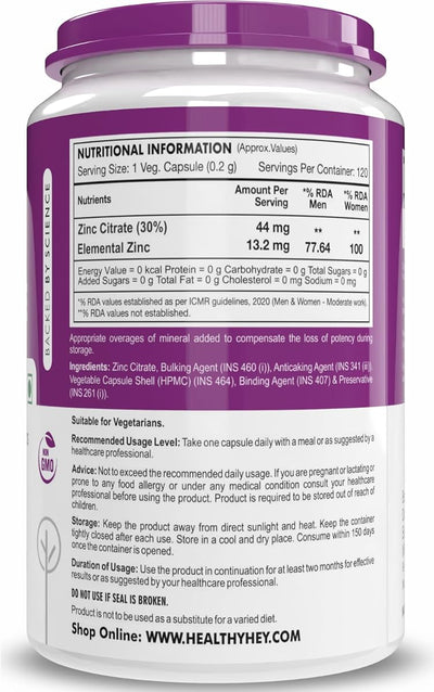 HealthyHey Zinc Citrate - Supports Immune System - 120 Veg Capsules - Image 8