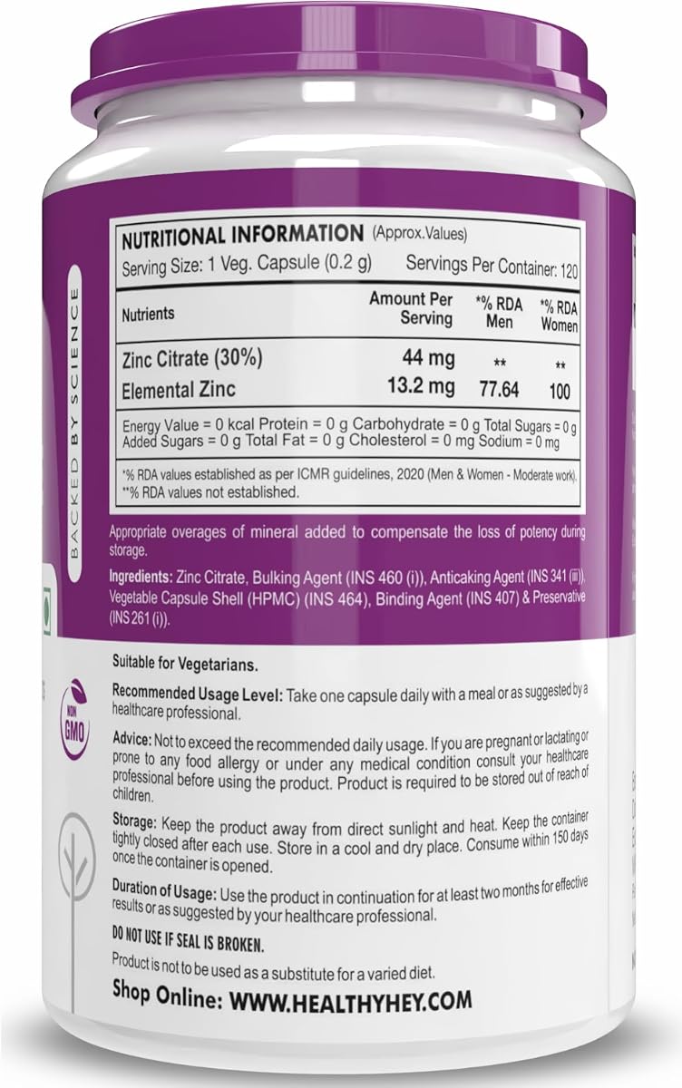 HealthyHey Zinc Citrate - Supports Immune System - 120 Veg Capsules - Image 8