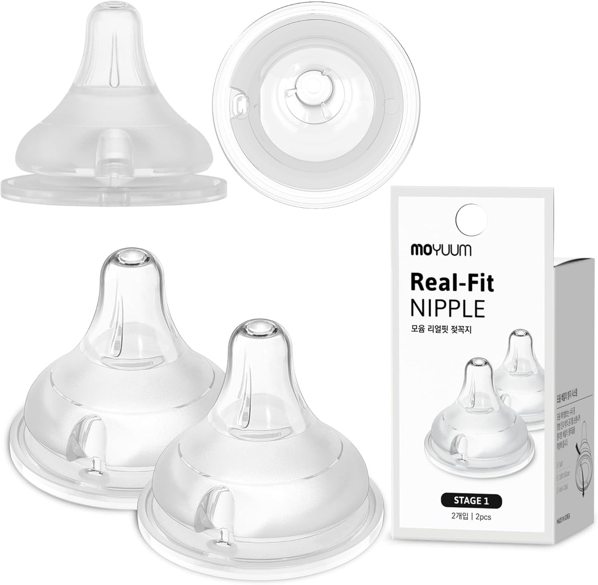 Moyuum 02 pcs Real-Fit Baby Bottle Nipple – Soft, Premium Material, Anti-Colic Air Valve, Safe & BPA-Free, Mom-Designed Comfort 0+ months (Stage 1)