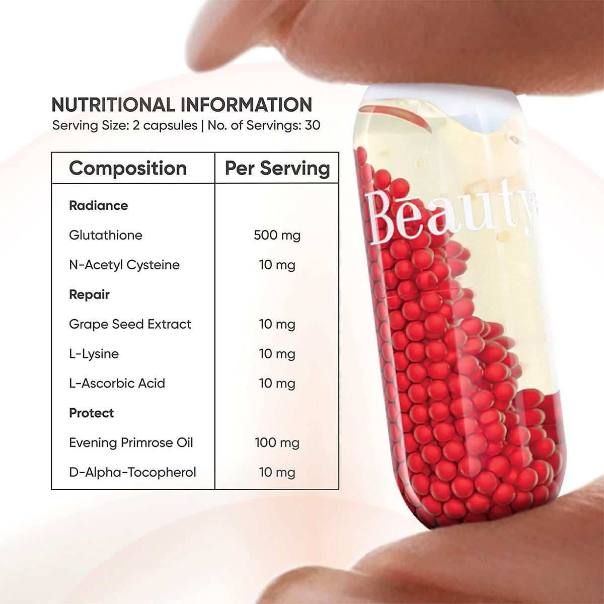 Beautywise Glutathione with NAC, Vitamin C & E, 500mg, 60 Veg Capsules - Image 4