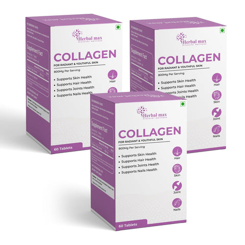 Herbal max Collagen to Boost Skin Repair & Regeneration for Youthful & Radiant Skin - 180 Tablets 800Mg, Pack of 3