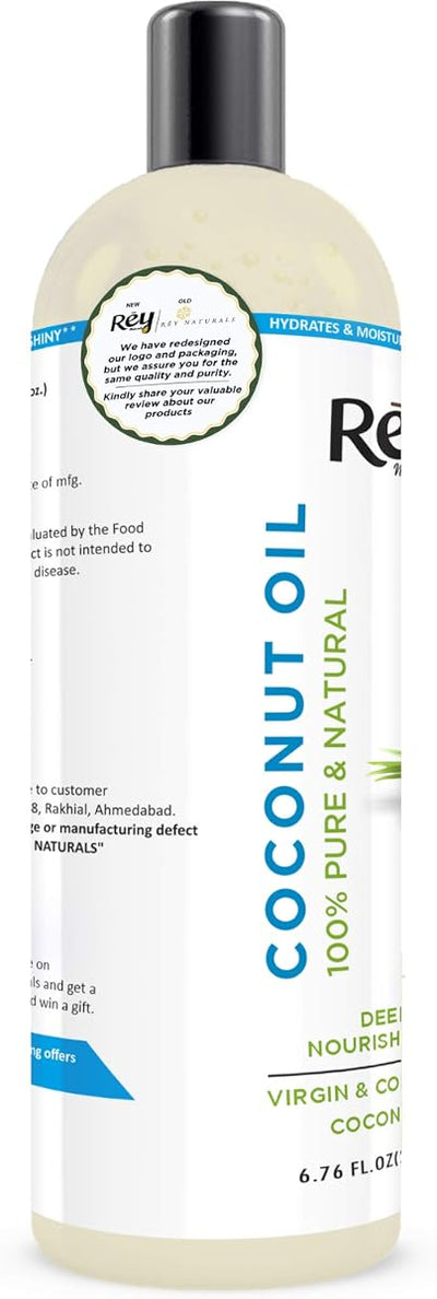 Rey Naturals Coconut Oil - Cold-Pressed, Pure & Natural, 200ml for Hair & Skin - Image 2