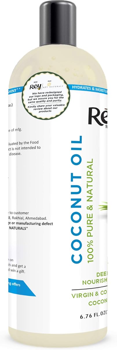 Rey Naturals Coconut Oil - Cold-Pressed, Pure & Natural, 200ml for Hair & Skin - Image 2
