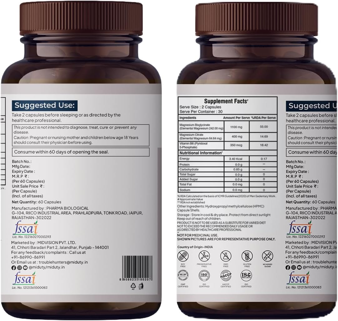 Miduty Chelated Magnesium Bisglycinate with Vitamin B6 - High Absorption 60 Veg Capsules - Image 8