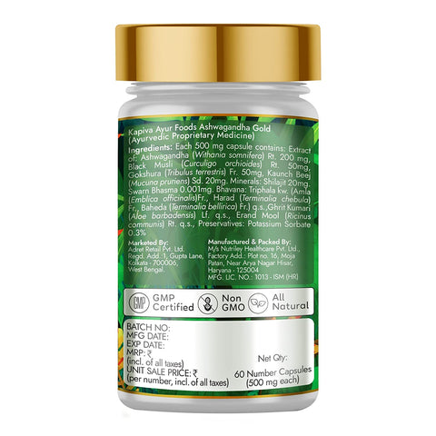 Kapiva Ashwagandha Gold Capsules Ashwagandha With Gold, Shilajit (60 Capsules) - National Day Deal