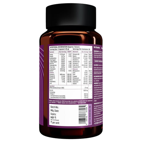 HK Vitals Multivitamin With Omega-3 Supplement (60 Capsules) | For Men And Women | 21 Vitamins & Minerals | 180Mg Epa & 120Mg Dha