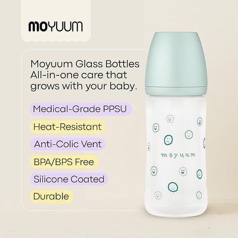 Moyuum PPSU Glass Feeding Baby Bottle with Nipple 240ml (+3 months) - Anti Colic, BPA Free & Easy Clean Wide-Neck Non-Tip Stable Base - No Fish Edition