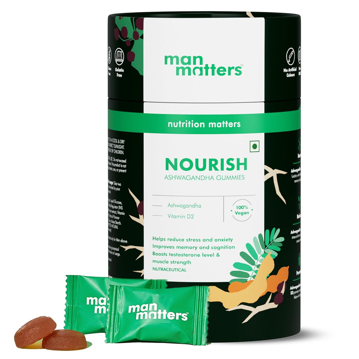 Man Matters Ashwagandha Gummies with Vitamin D2, 60 Gummies - Vegan & Gluten-Free