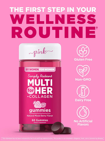 PINK Multivitamin for Women | 60 Gummies | Non-GMO & Gluten Free | Plus Collagen & Biotin | Mixed Berry Flavor one piece