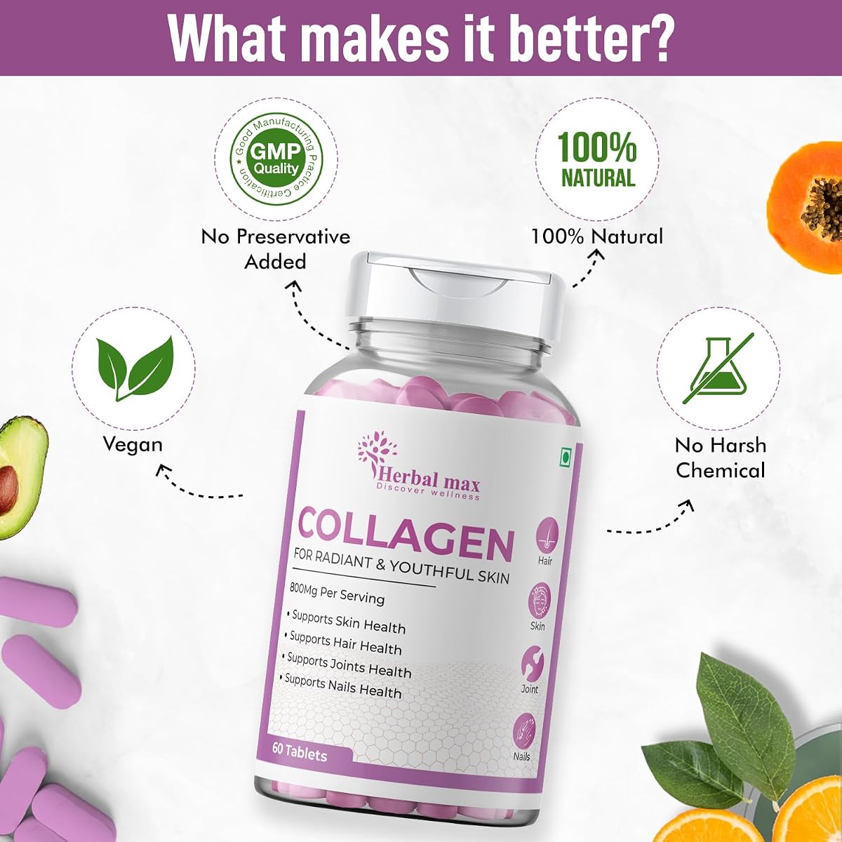 Herbal Max Collagen 800mg Tablets - Beauty and Joint Health Supplement, 60 Count - Image 4