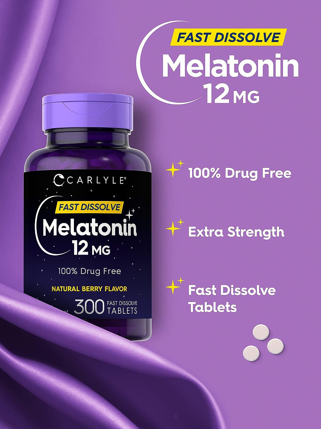 Carlyle Melatonin 12 mg Fast Dissolve 300 Tablets Nighttime Sleep Aid Natural Berry Flavor Vegetarian Gluten Free