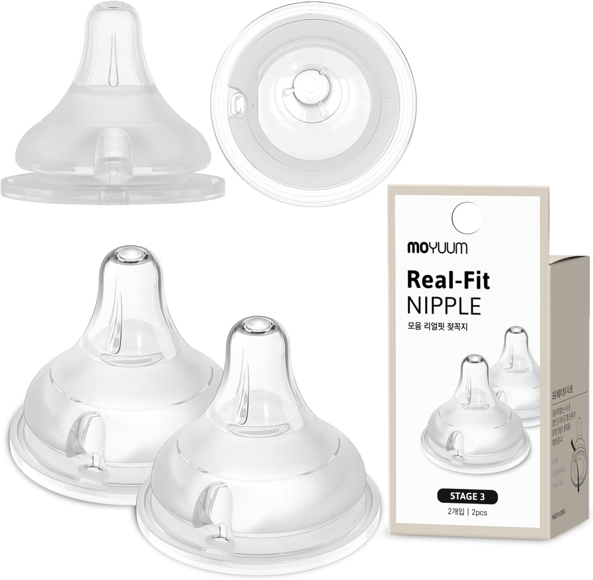 Moyuum Real-Fit Baby Bottle Nipple - Soft, Anti-Colic, BPA-Free, 2 Pack, 5+ Months (Stage 3)