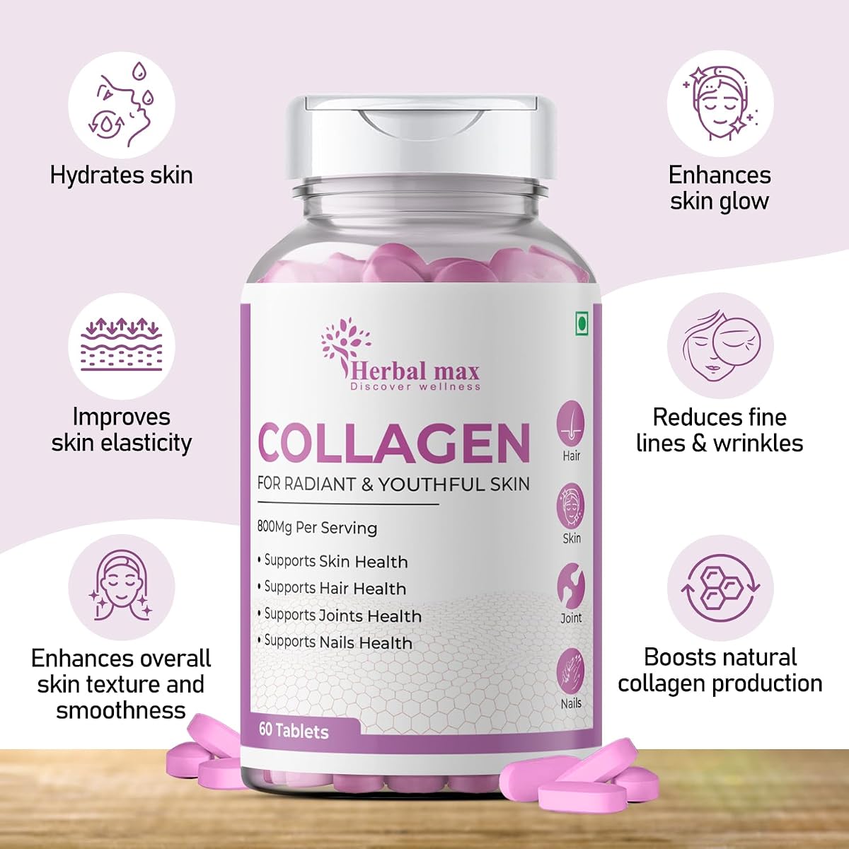 Herbal Max Collagen 800mg Tablets - Beauty and Joint Health Supplement, 60 Count - Image 5
