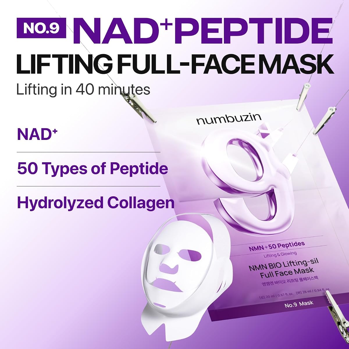 Numbuzin NAD+ BIO Lifting Full Cover Facial Sheet Mask - 4 Sheets + Lifting Band - Image 2