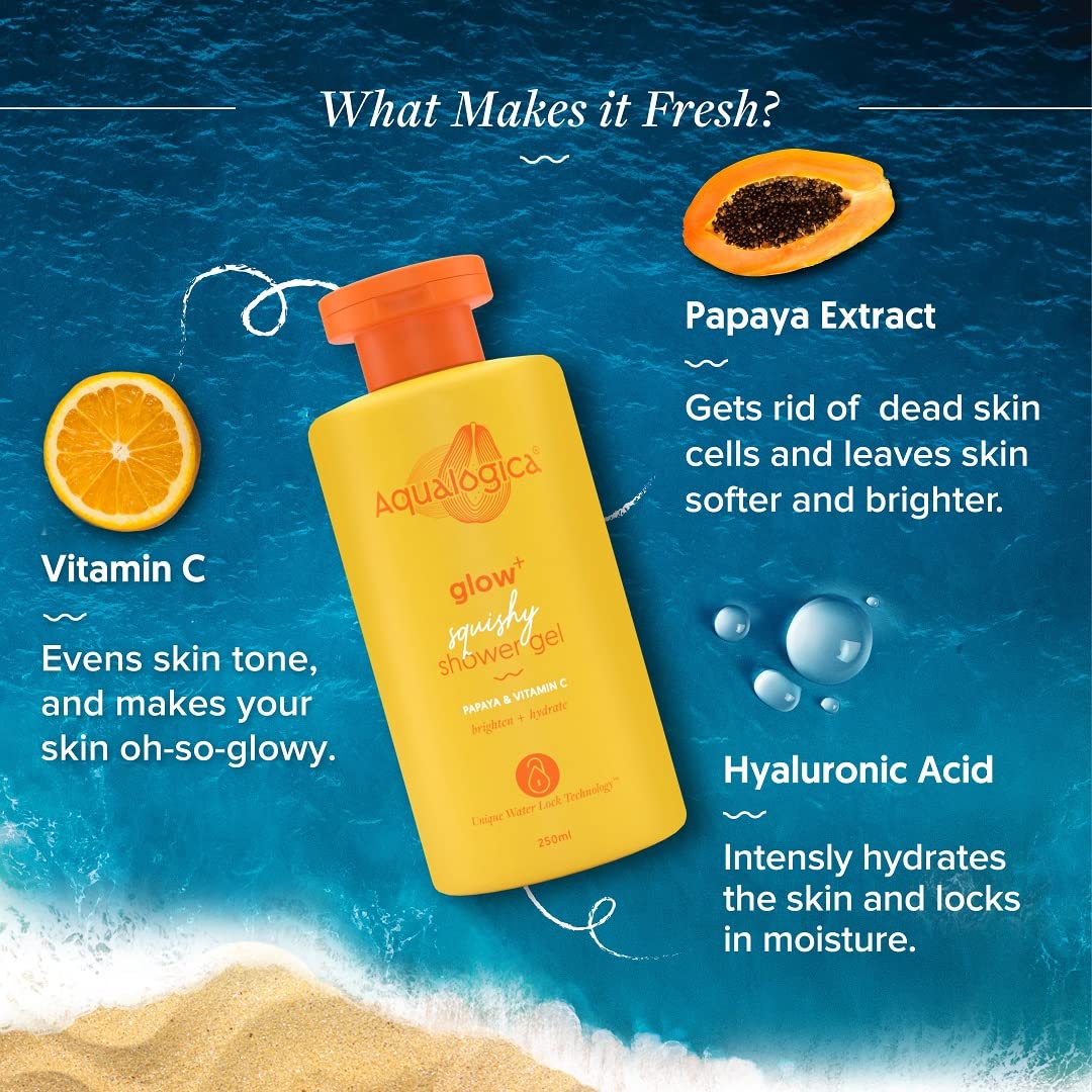 AQUALOGICA Glow+ Squishy Shower Gel with Papaya & Vitamin C - 250ml - Image 4
