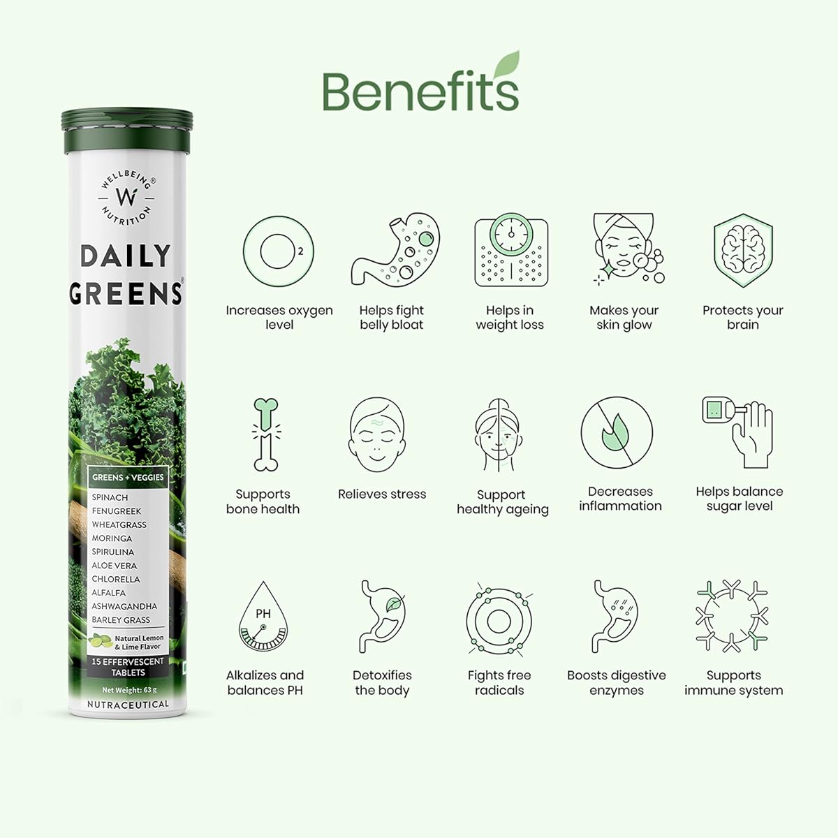 Wellbeing Nutrition Daily Greens Effervescent Tablets - Organic Collagen Builder & Multivitamin, 30 Tablets - Image 4