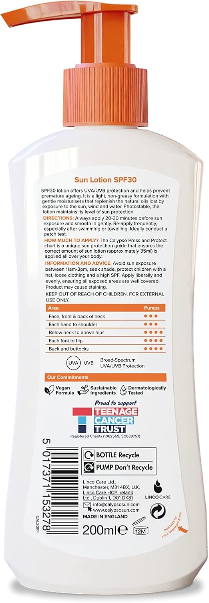 Calypso Press and Protect SPF30 Sun Lotion, Water Resistant, 200ml - Image 3