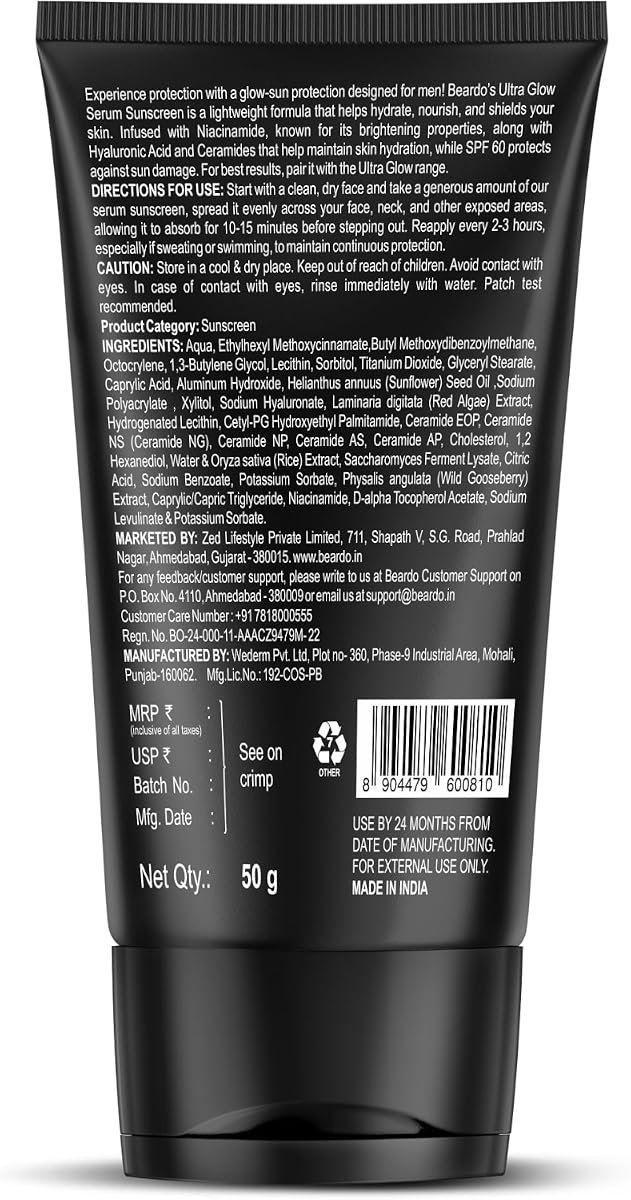Beardo Ultra Glow Serum Sunscreen SPF 60+ with Niacinamide, Ceramides & Hyaluronic Acid - 50g - Image 7