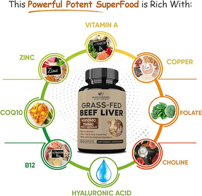 Wholesome Grass Fed Beef Liver Capsules - Vitamins & Minerals, 180 Capsules - Image 5