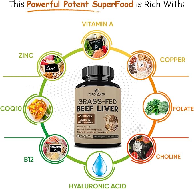 Wholesome Grass Fed Beef Liver Capsules - Vitamins & Minerals, 180 Capsules - Image 5