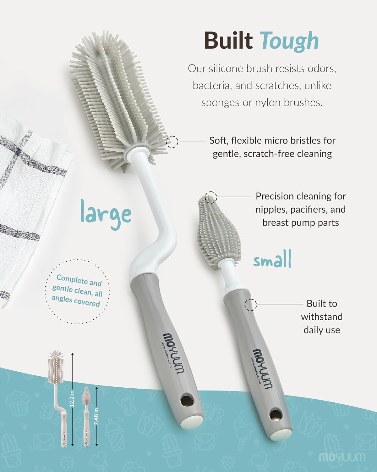 Moyuum Silicone Baby Bottle Cleaning Brush Set - 360° Rotating Handle, Beige - Image 3