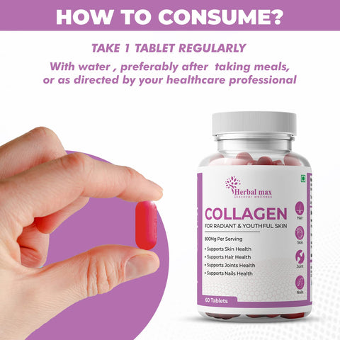 Herbal max Collagen to Boost Skin Repair & Regeneration for Youthful & Radiant Skin - 300 Tablets 800Mg, Pack of 5
