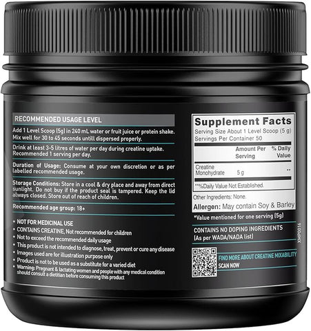 كرياتين أحادي الهيدرات من MuscleBlaze (بدون نكهة، 0.55 رطل / 250 جم) 50 حصة