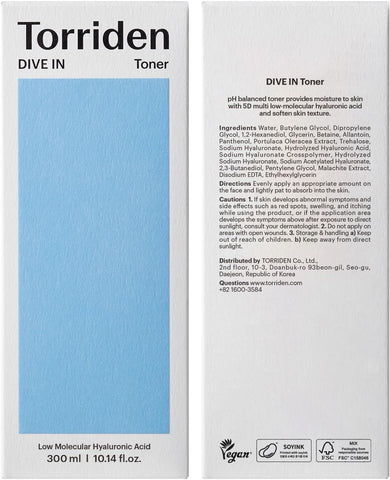Torriden Dive in Toner 300ml (10.14 fl. oz.) | pH Balancing Facial Toning Water for Dry Skin | Hyaluronic Acid, Panthenol, Allantoin