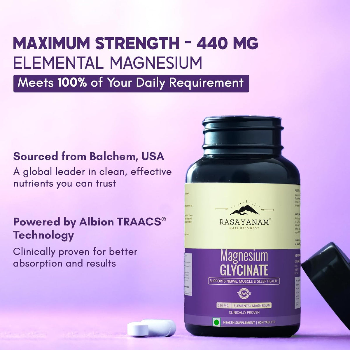Rasayanam Chelated Magnesium Glycinate Tablets - 2445 mg, 60 Count - Image 3
