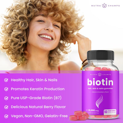 NutraChamps Biotin Gummies - Natural Strawberry - 60 Vegan Gummies - Image 3