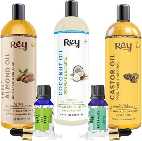 Rey Naturals Complete Hair Care Kit-Castor Oil + Coconut Oil + Almond Oil + Rosemary Oil + Tea tree Oil Combo