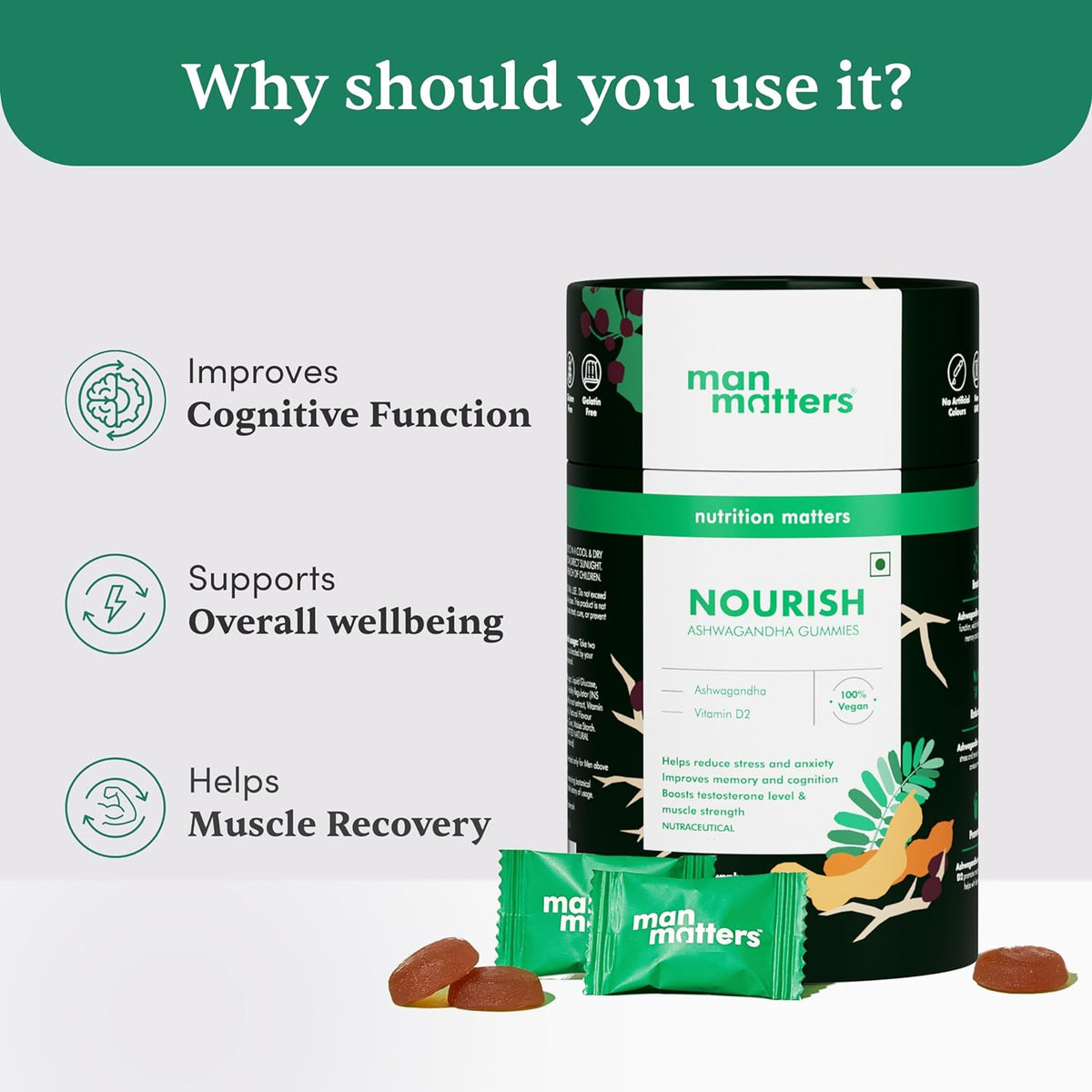 Man Matters Ashwagandha Gummies with Vitamin D2, 60 Gummies - Vegan & Gluten-Free - Image 2